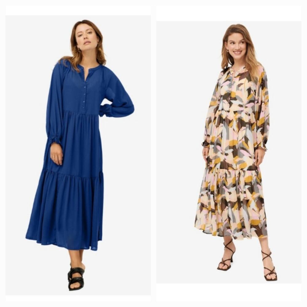 Ellos Henley Sheer Tiered Maxi Dress Plus Size 26-30 Blue or 22-26 Print A-Line